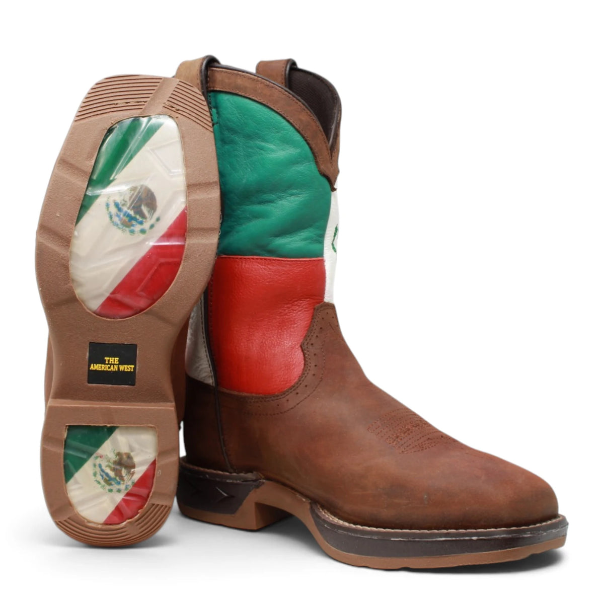American West Men´s Genuine Leather Mexican Flag Work Boot - Brown - Side/Sole View