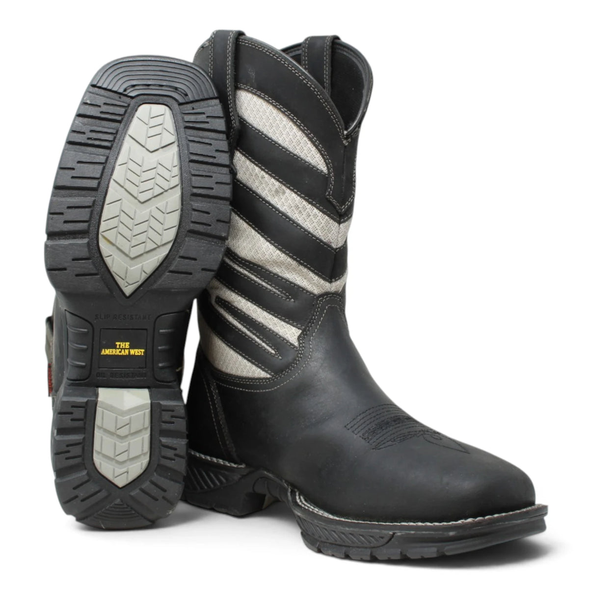 American West Men´s Genuine Leather Soft Toe Work Boot - Black & White - Side/Sole View