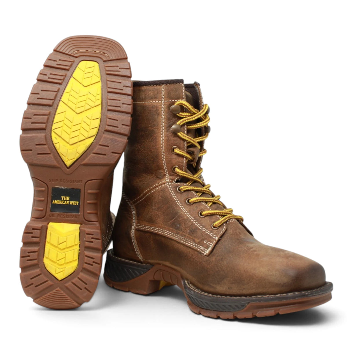 American West Men´s Genuine Leather Lace-Up Soft Toe Work Boot - Brown - Side/Sole View