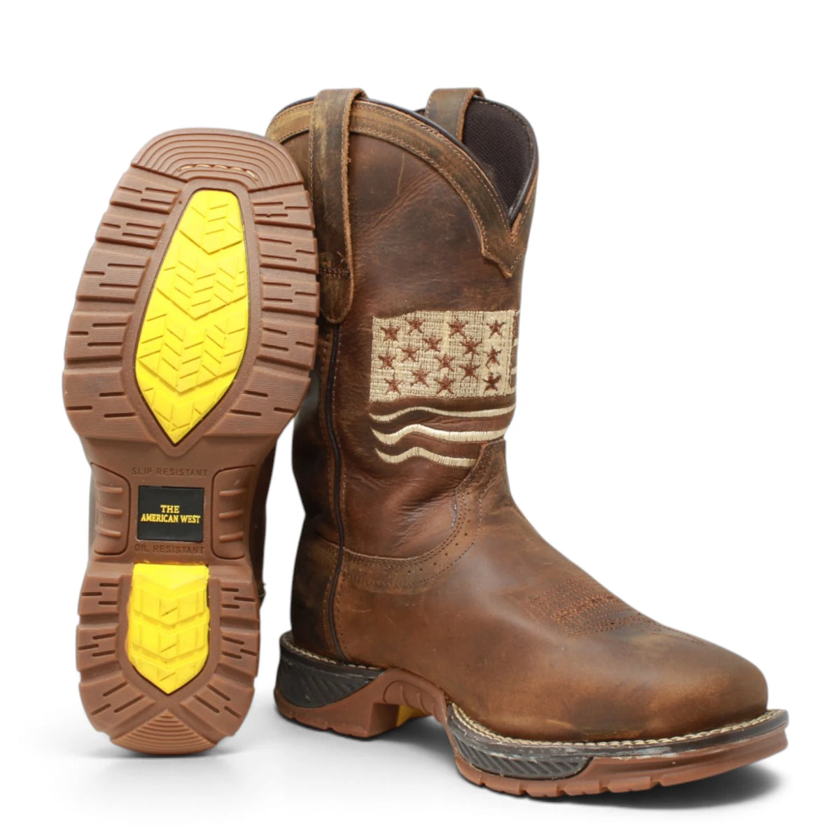American West Men´s Genuine Leather US Flag Composite Toe Work Boot - Brown - Side/Sole View