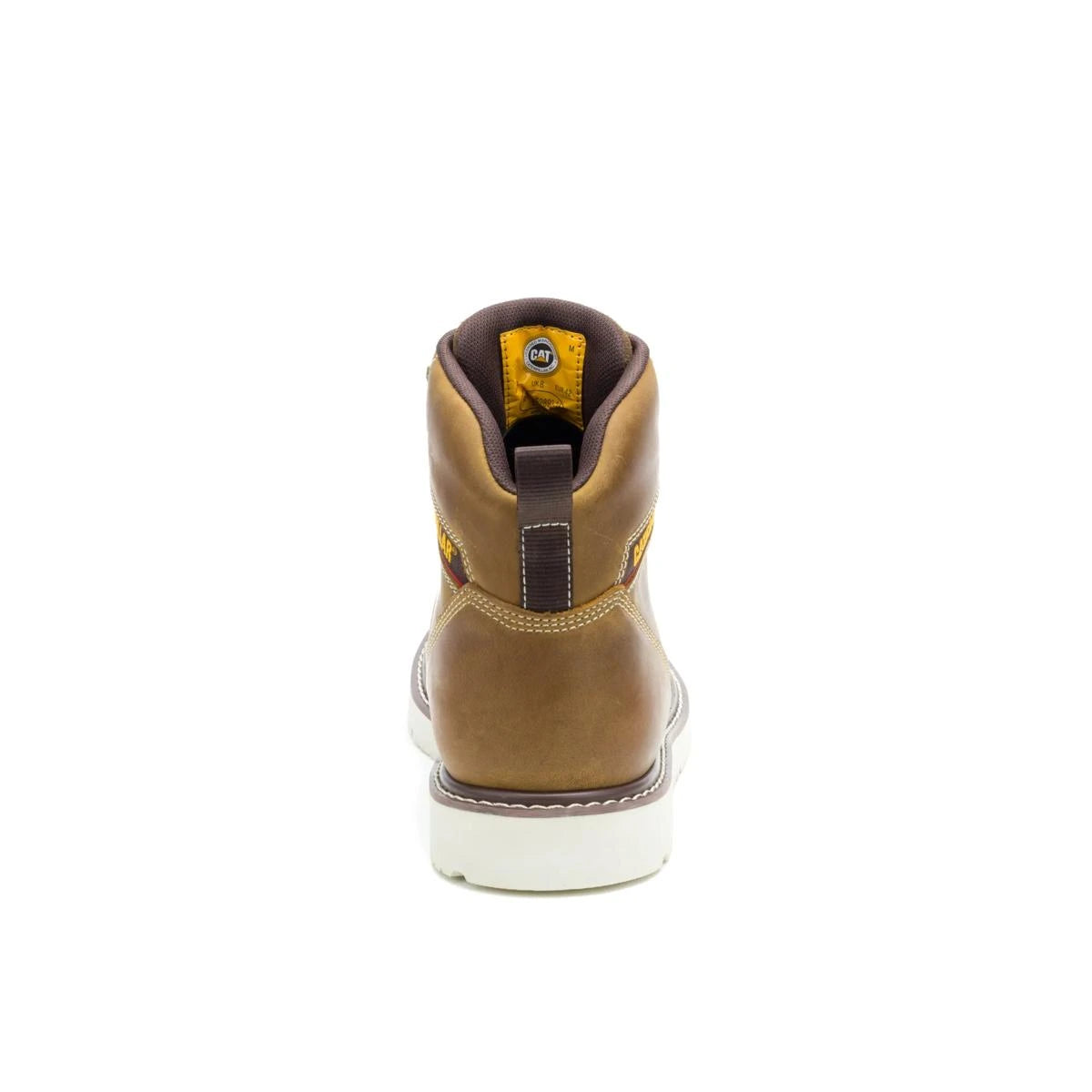 Men's Reclaimer wedge waterproof work boots in pyramid sand color by CAT back view