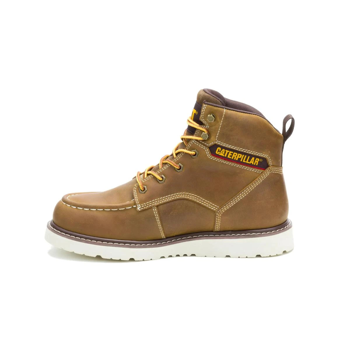 Men's Reclaimer wedge waterproof work boots in pyramid sand color by CAT left side view