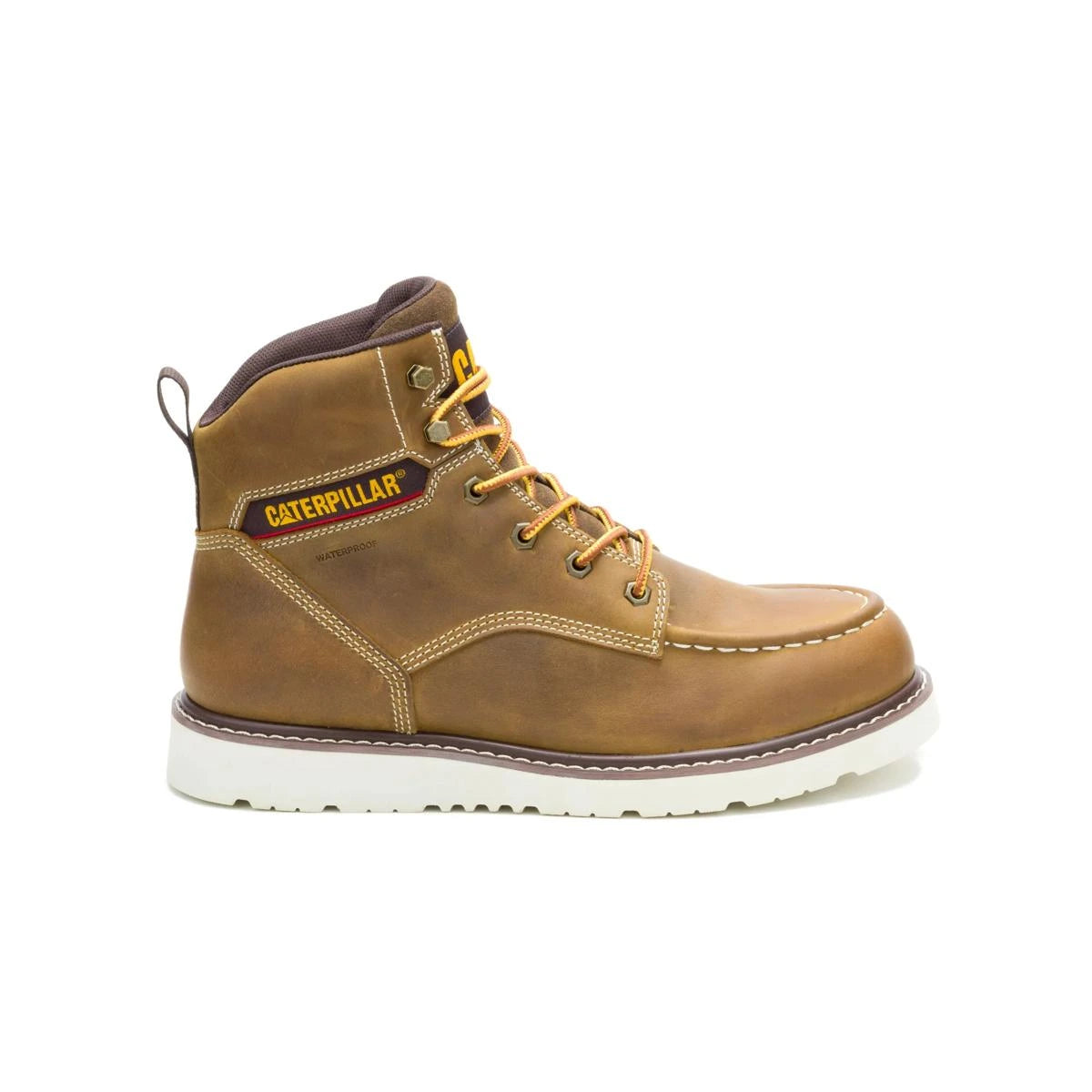 Men's Reclaimer wedge waterproof work boots in pyramid sand color by CAT right side view