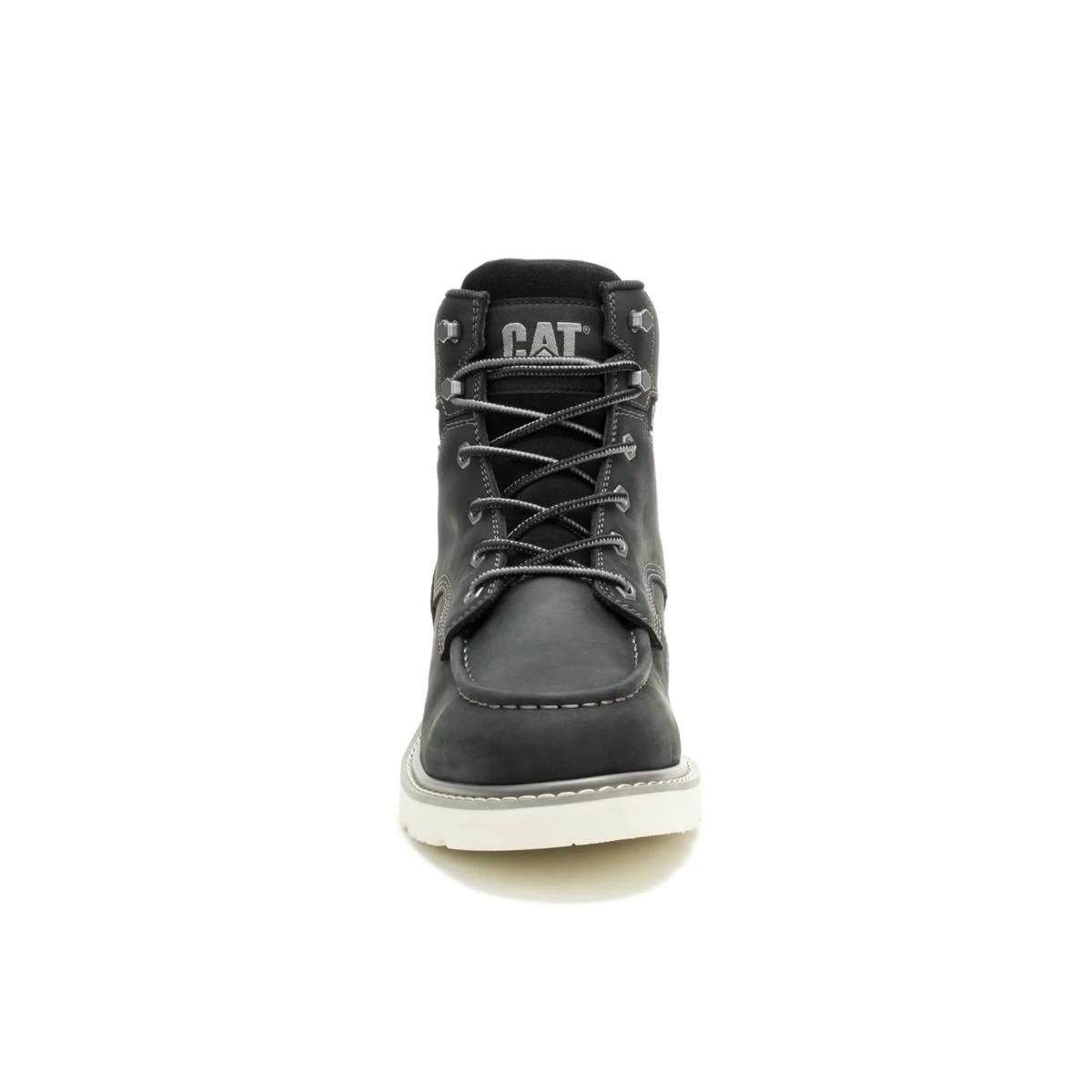 Men's Reclaimer wedge waterproof work boots in black color by CAT front view