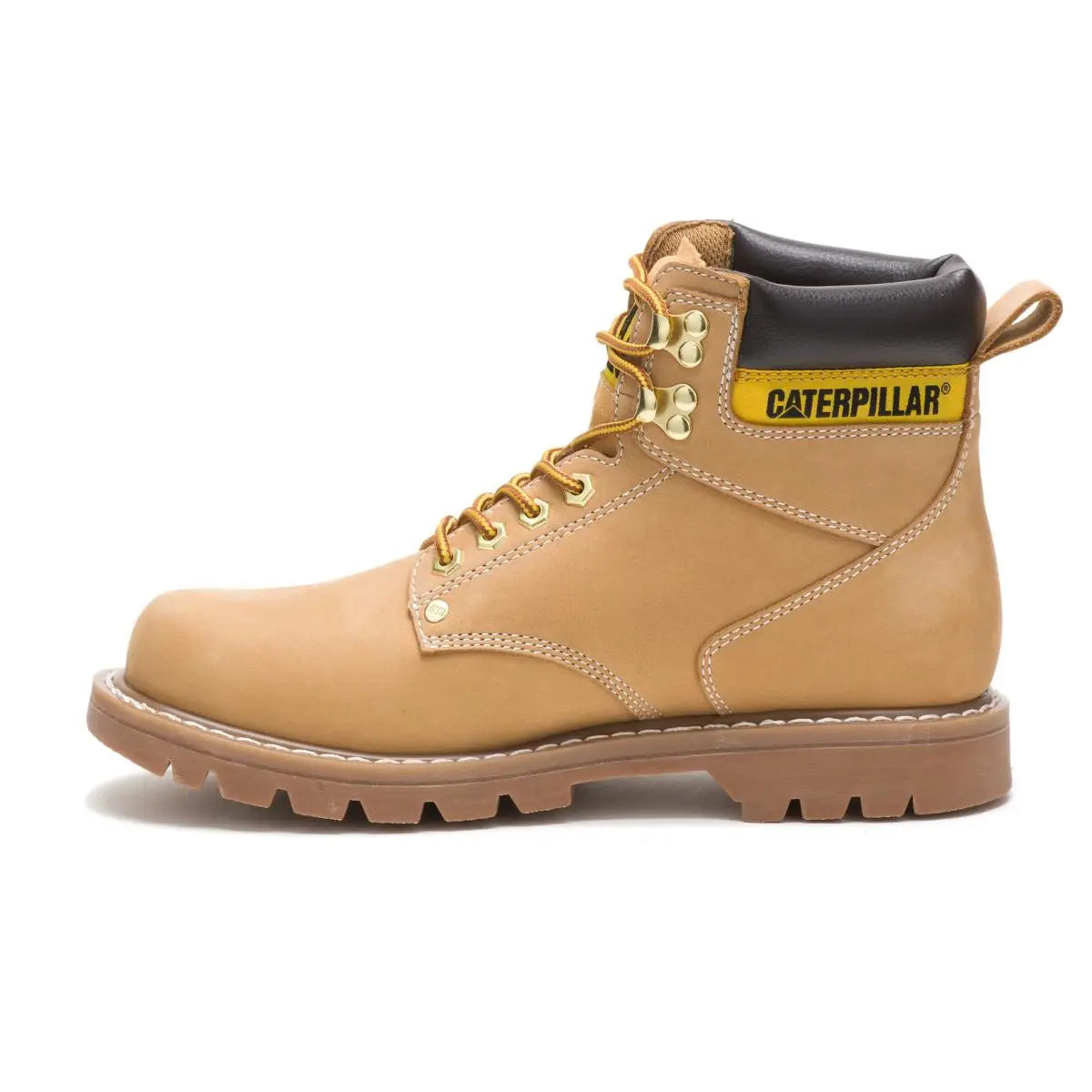 Men's Second Shift soft toe work boots in honey by CAT left side view
