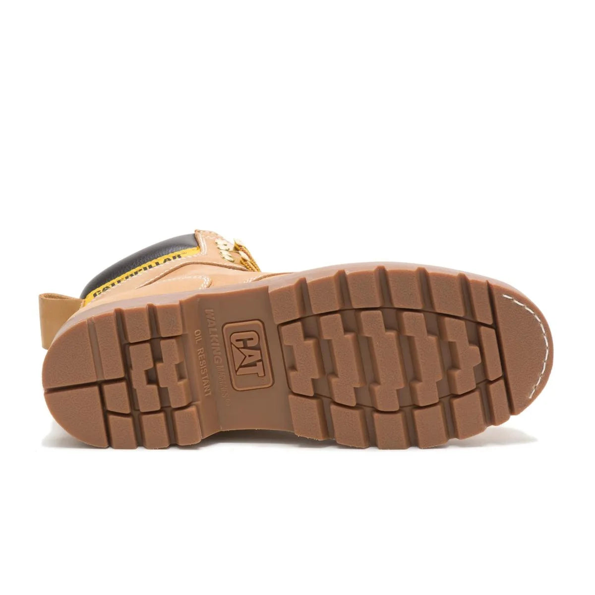 Men's Second Shift soft toe work boots in honey by CAT sole view