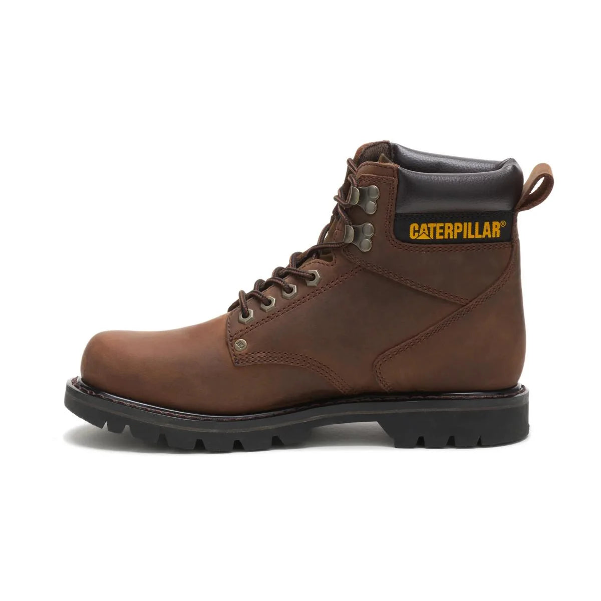 Men's Second Shift soft toe work boots in dark brown by CAT left side