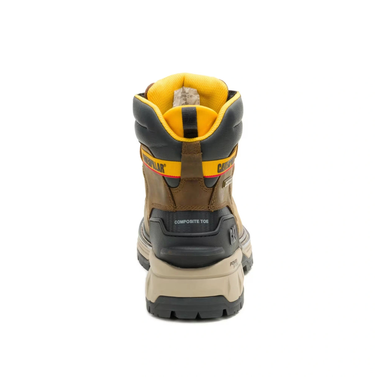 Men's 6″ Excavator waterproof composite toe work boots with Power Spring technology in pyramid sand by CAT back view