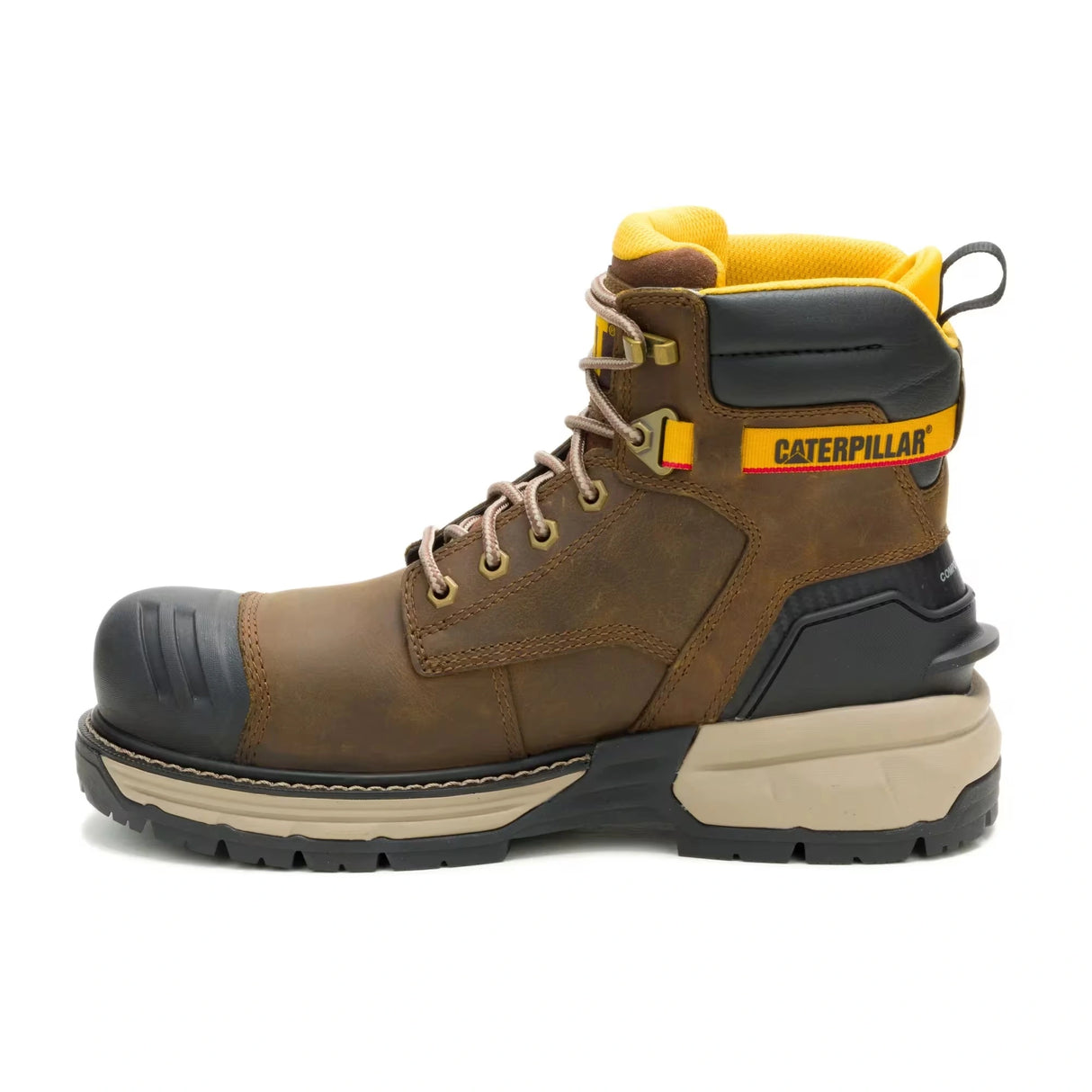 Men's 6″ Excavator waterproof composite toe work boots with Power Spring technology in pyramid sand by CAT left side view