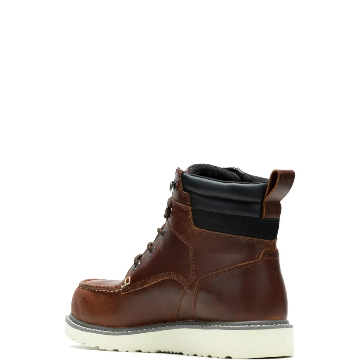 Men's 6″ Trade Wedge moc toe work boots in rust color by Wolverine left side view