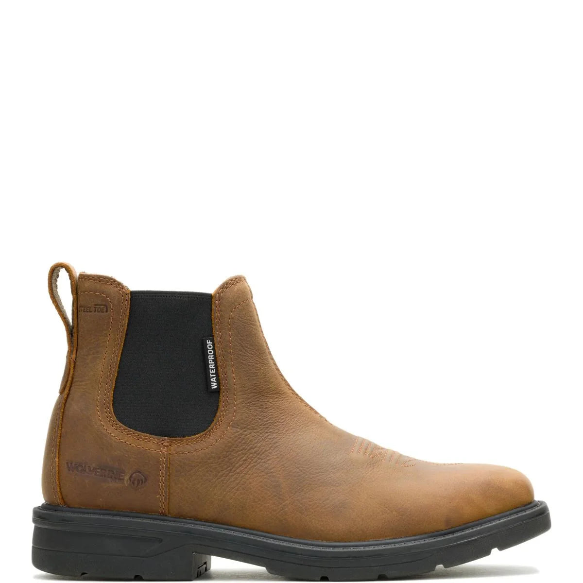 Men's Rancher Level Chelsea slip-on steel toe work boots in sudan brown by Wolverine right side view