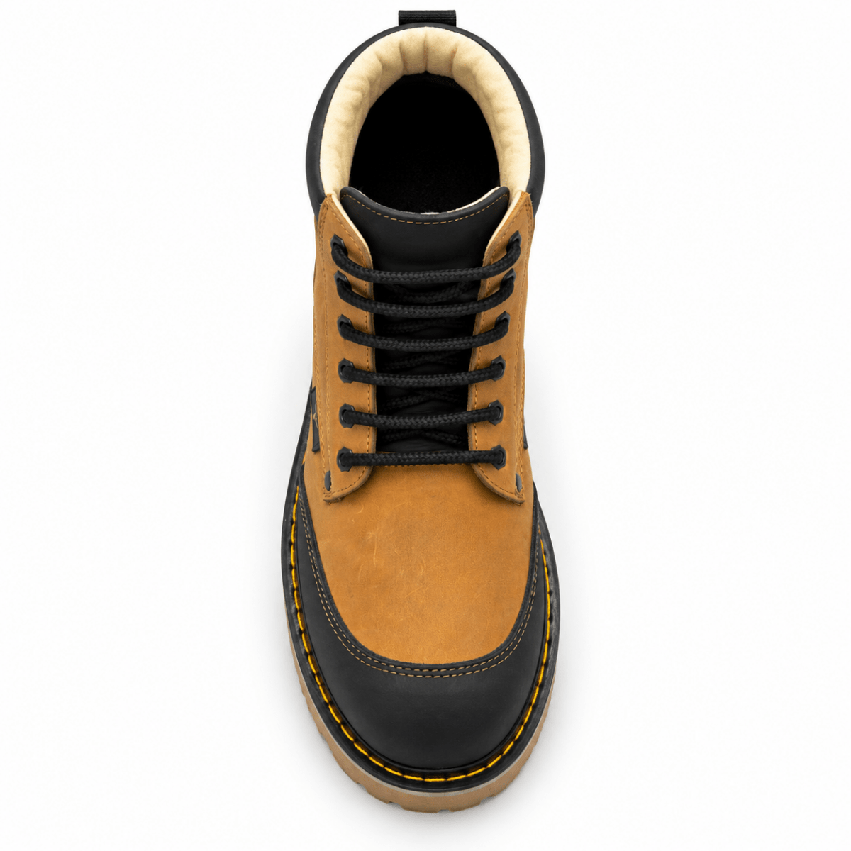 Hooch Boots H60351 men's 6-inch honey and black genuine leather moc toe work boots top view