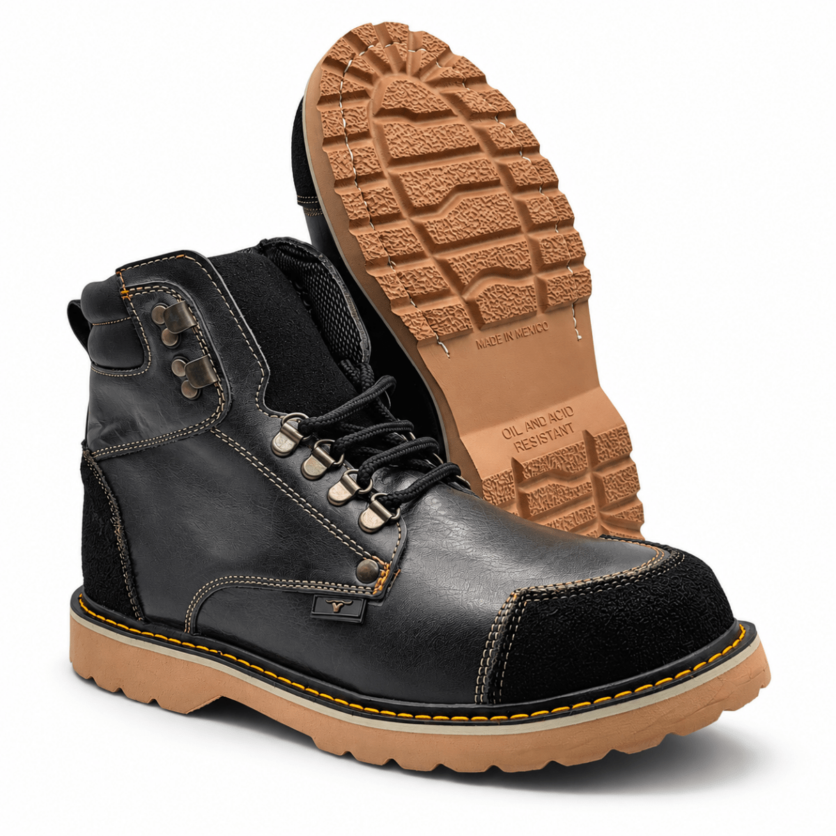 Hooch Boots H70405 men's black genuine leather work boots with tractor lug rubber sole sole view