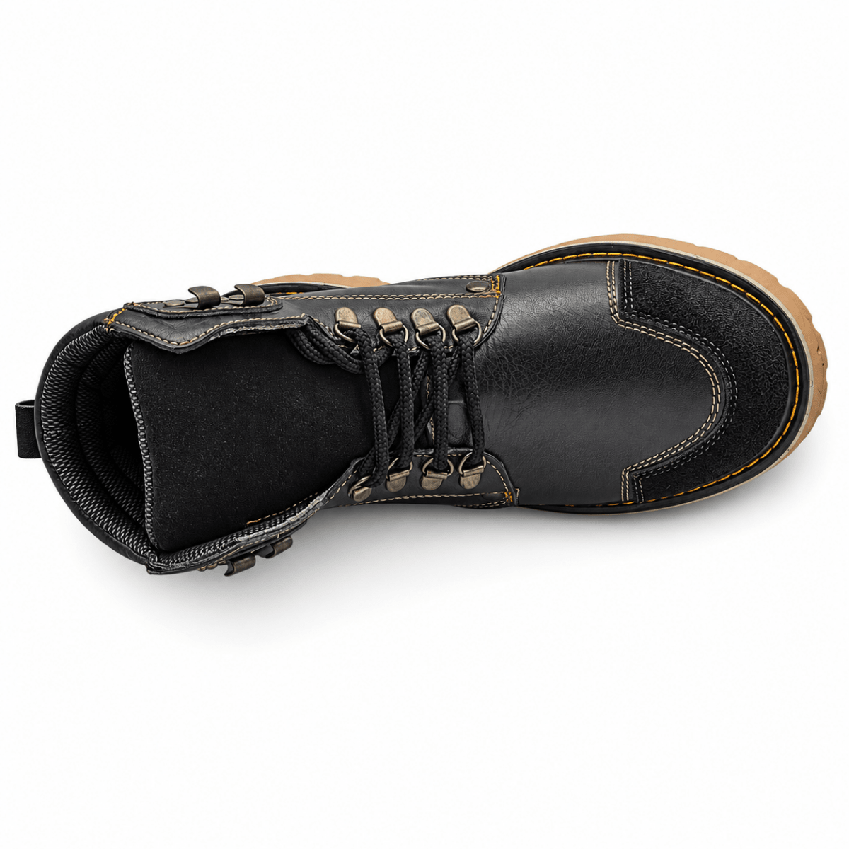 Hooch Boots H70405 men's black genuine leather work boots with tractor lug rubber sole top view