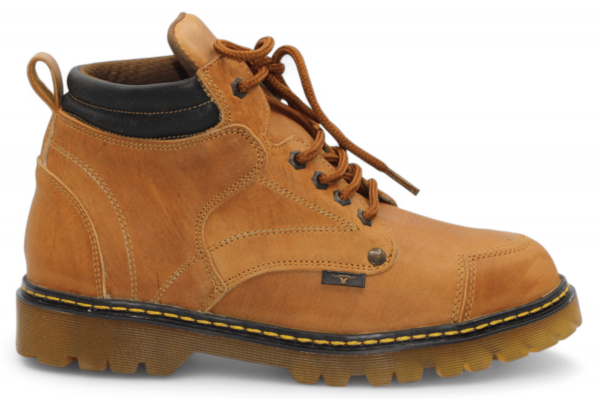 Hooch Boots H60151 men's honey leather round toe work boots with clear rubber sole side view