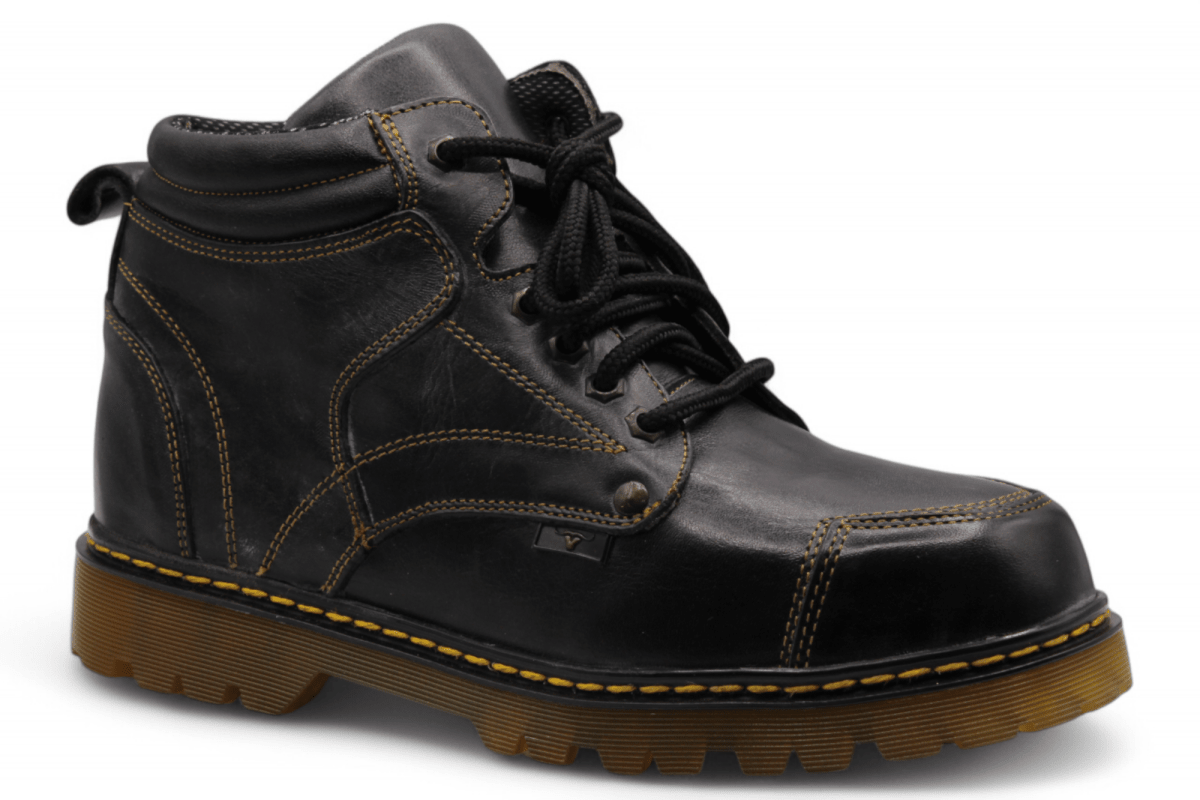 Hooch Boots H60405 men's black leather round toe work boots with clear rubber sole angle view