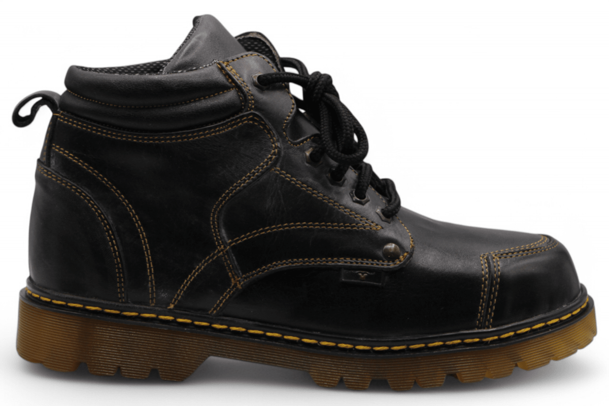 Hooch Boots H60405 men's black leather round toe work boots with clear rubber sole side view