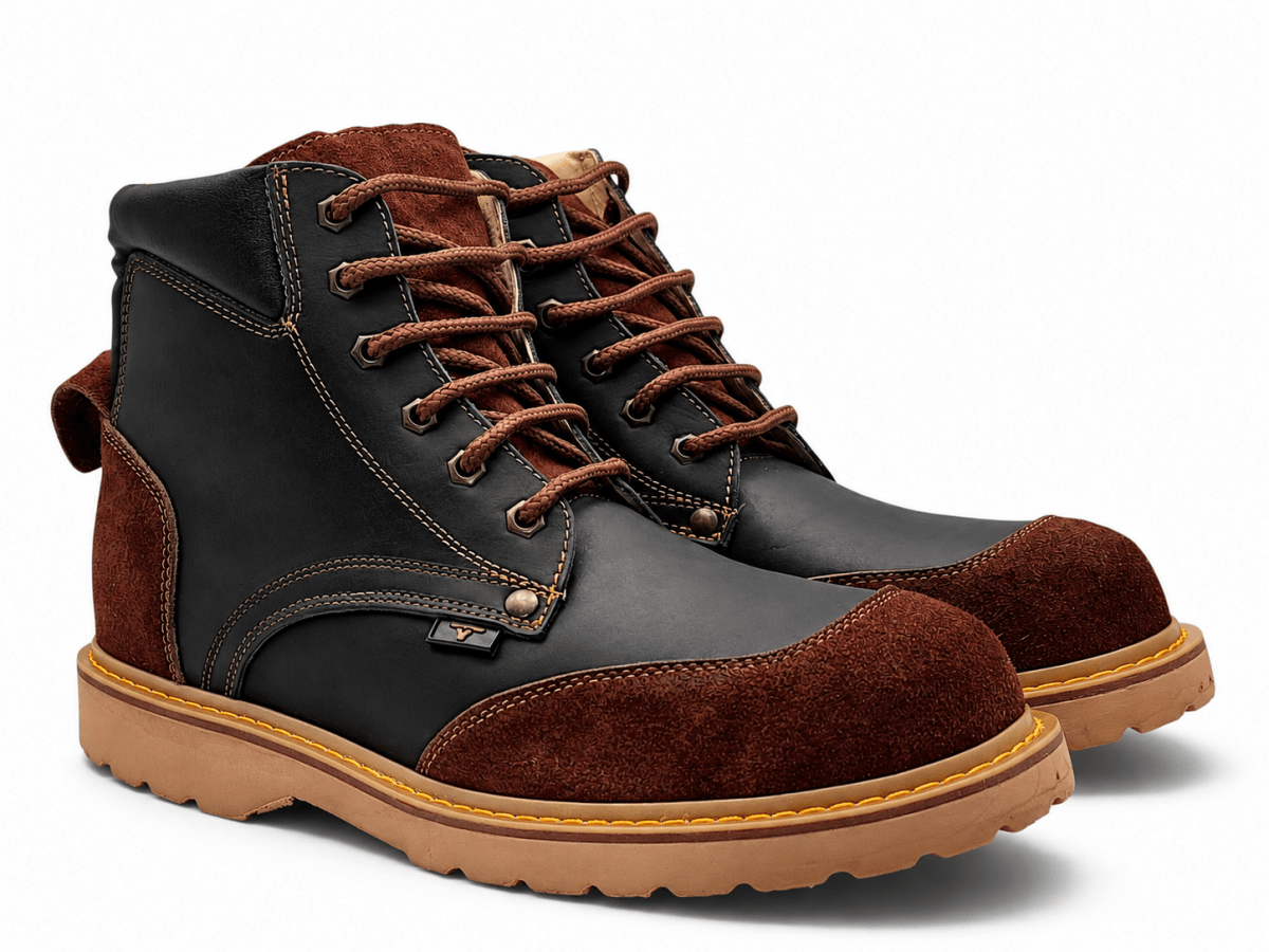 Hooch Boots H60205 black genuine leather work boots featuring a classic round toe design pair view