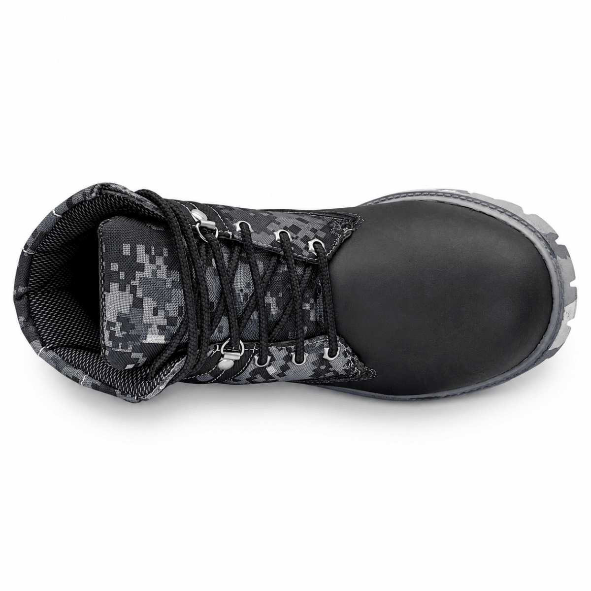 Hooch Boots H70209 men's black genuine leather round toe work boots with digital camo panels top view