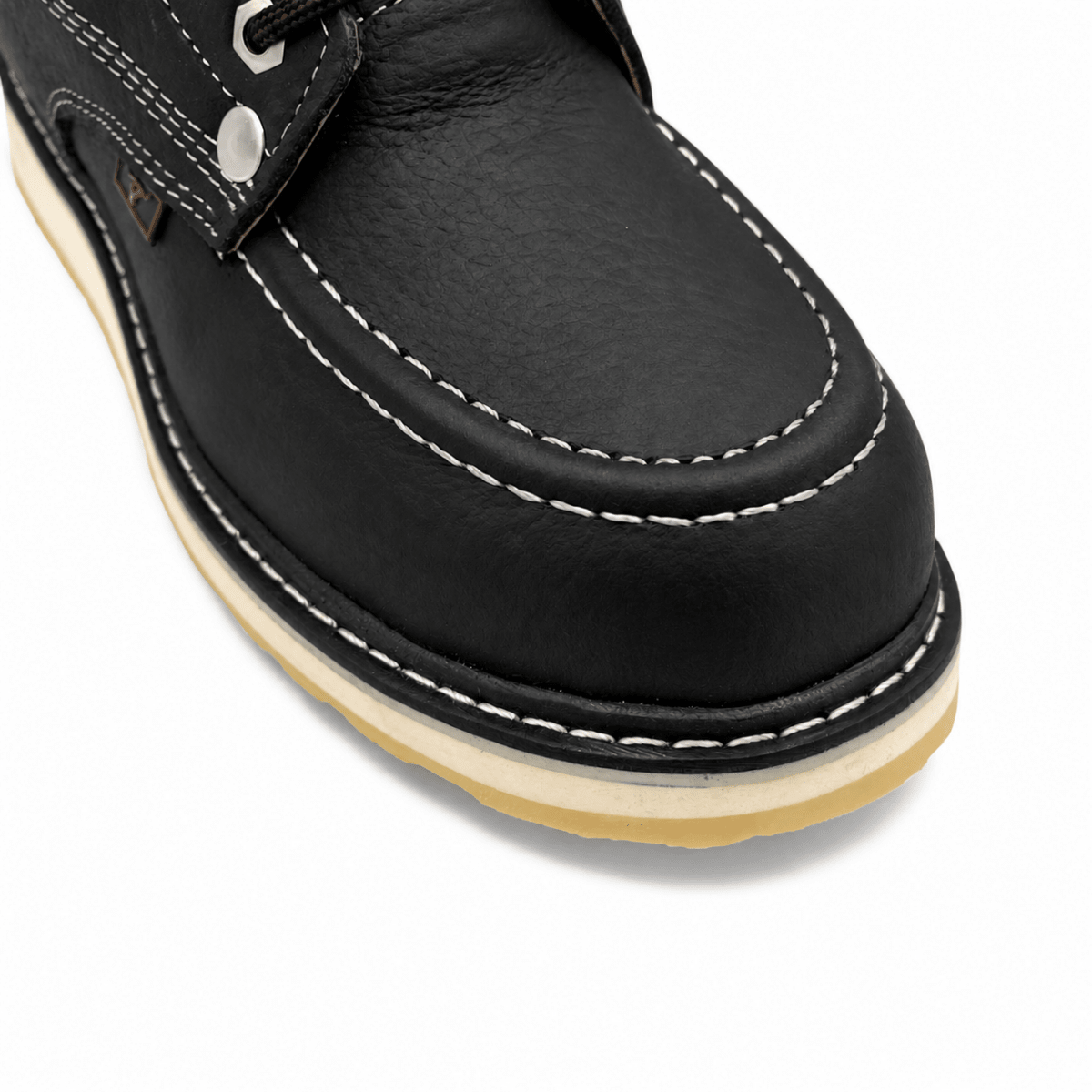 Men’s Black Genuine Leather Moc Toe Work Boots – Hooch Boots H80105 toe view
