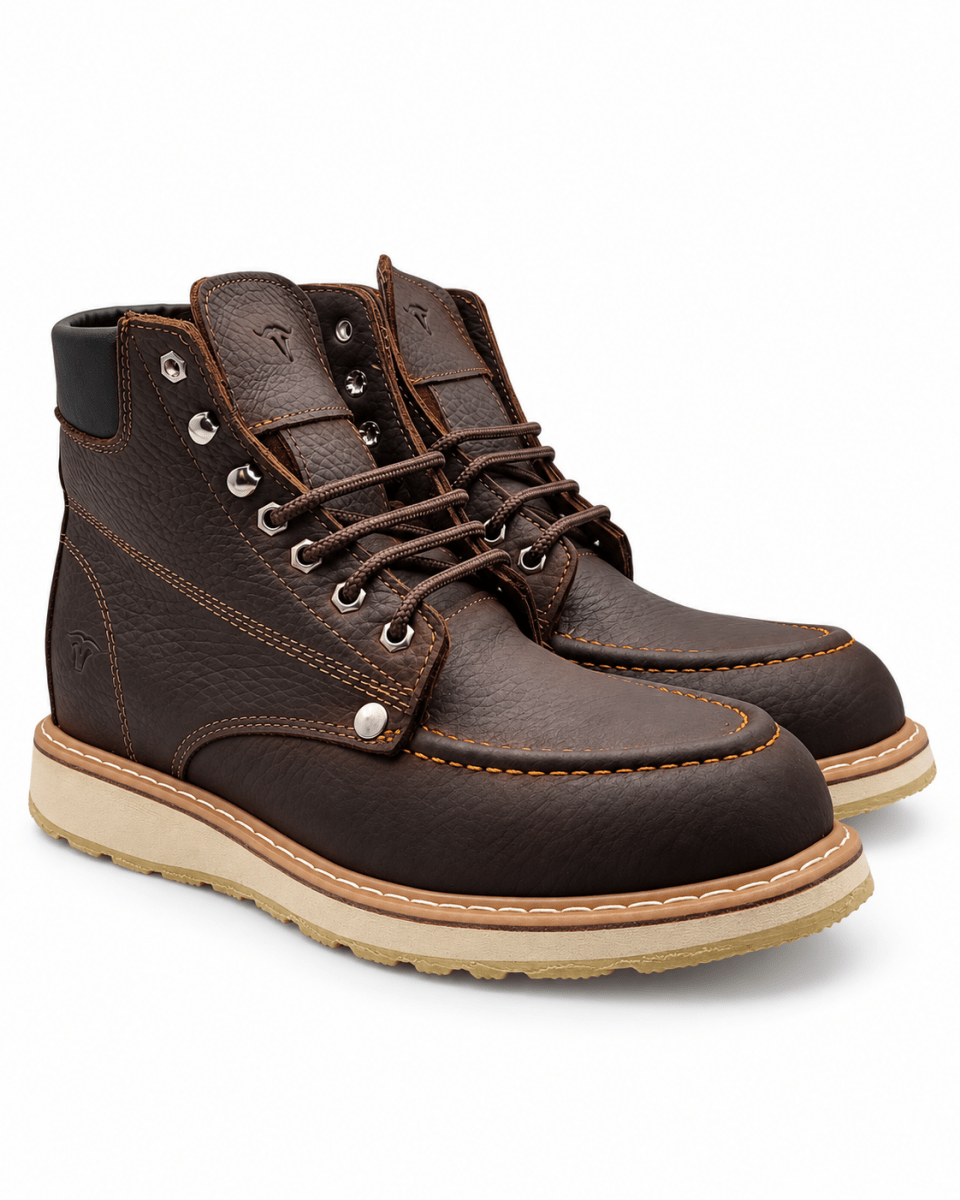 Hooch Boots H80194 men's 6" chocolate genuine leather soft moc toe work boots pair view angle