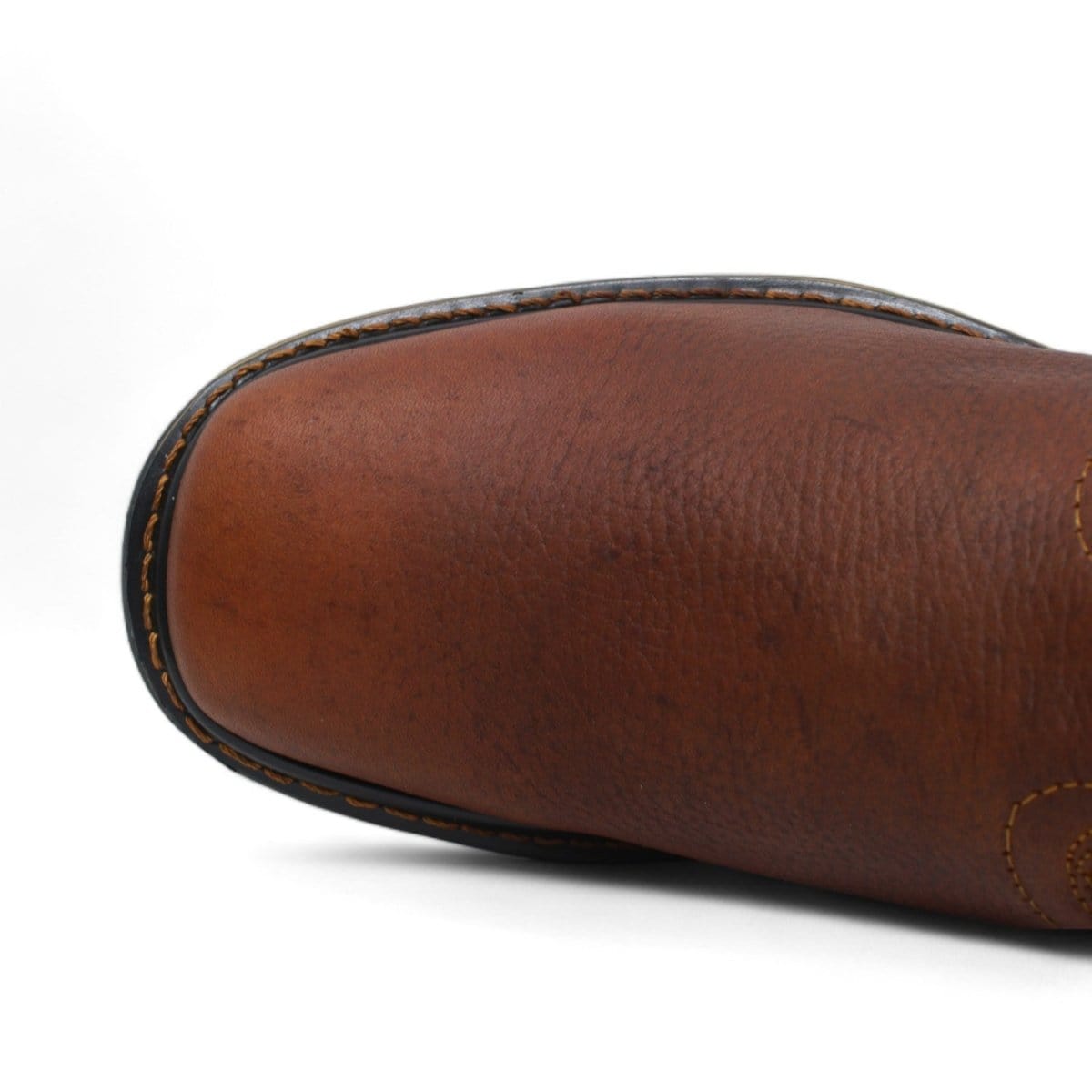 Men's square toe work boots with rubber sole in oak color by La Carreta toe view