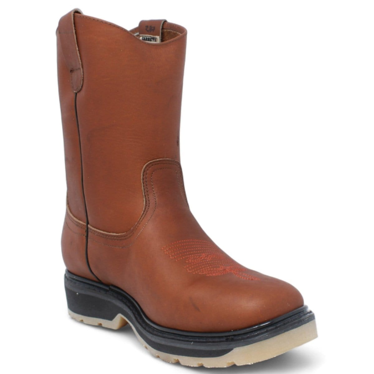 Men's square toe work boots with rubber sole in gold color by La Carreta side view