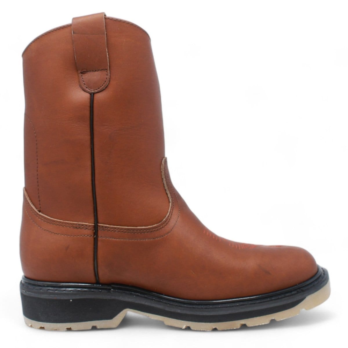 Men's square toe work boots with rubber sole in gold color by La Carreta right side view