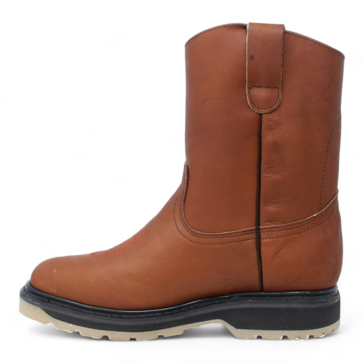Men's square toe work boots with rubber sole in gold color by La Carreta left side view
