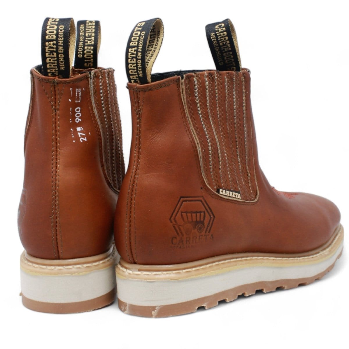 Men's square toe work boots with rubber sole in gold color by La Carreta back view