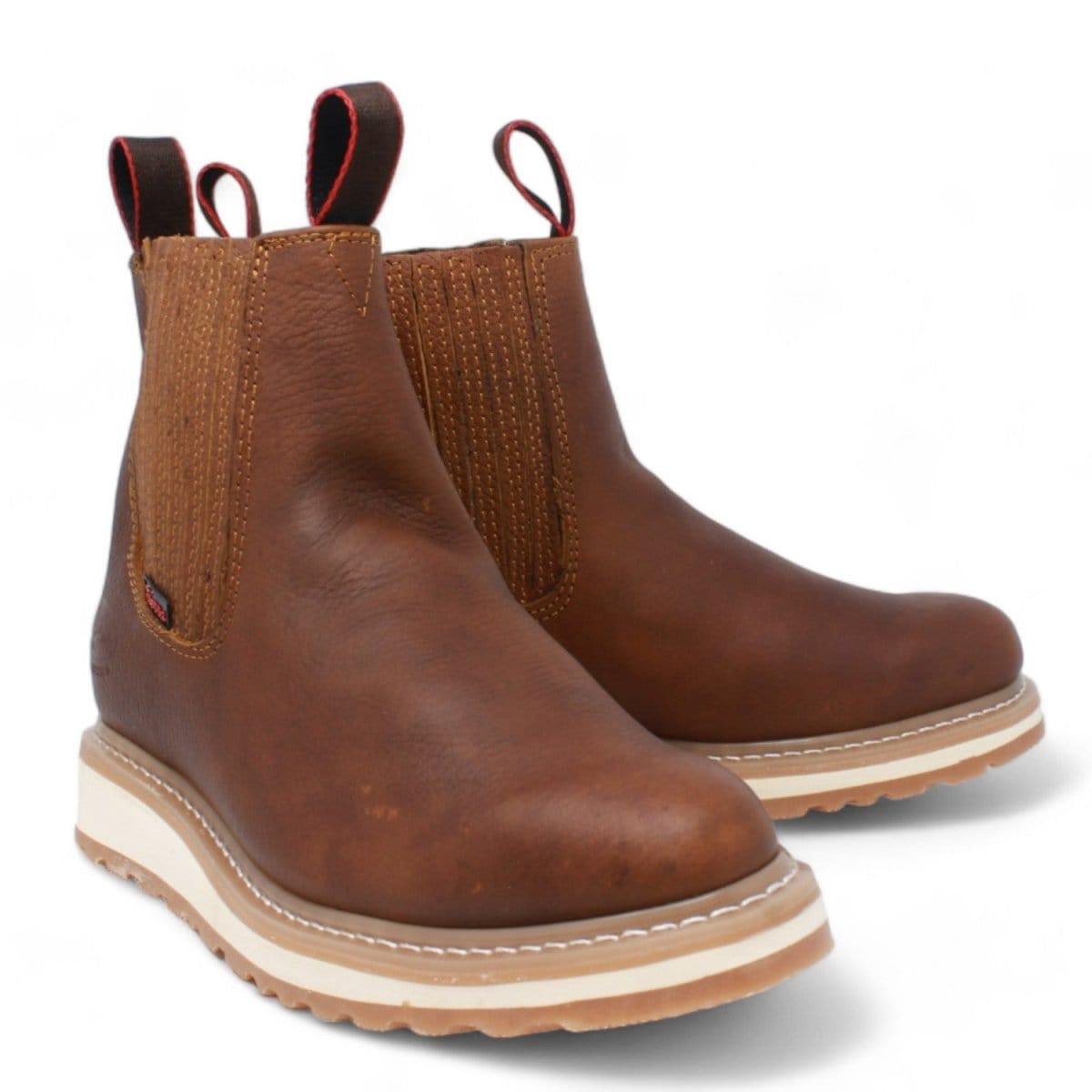 Men's round toe work boots with rubber sole in gold color by La Carreta pair view