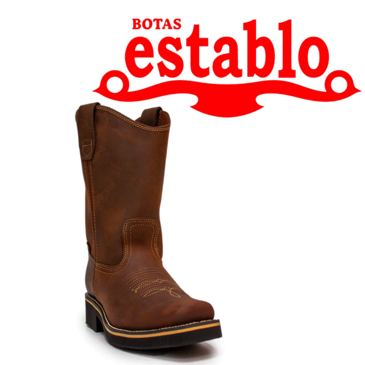 Establo Genuine Leather Pull-On Square Toe Work Boots - Soft Toe (Brown)