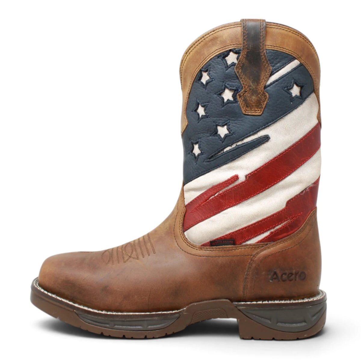 Acero Men´s Genuine Leather Square Toe USA Flag Work Boot - Oiled Brown - Left Side View