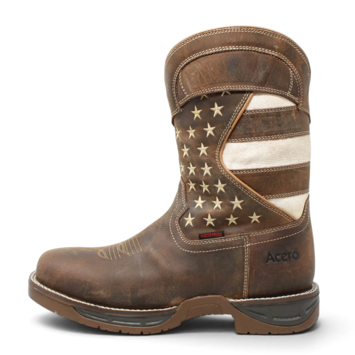 Acero Men´s Genuine Leather Square Toe Brown USA Flag Work Boot - Tan - Left Side View