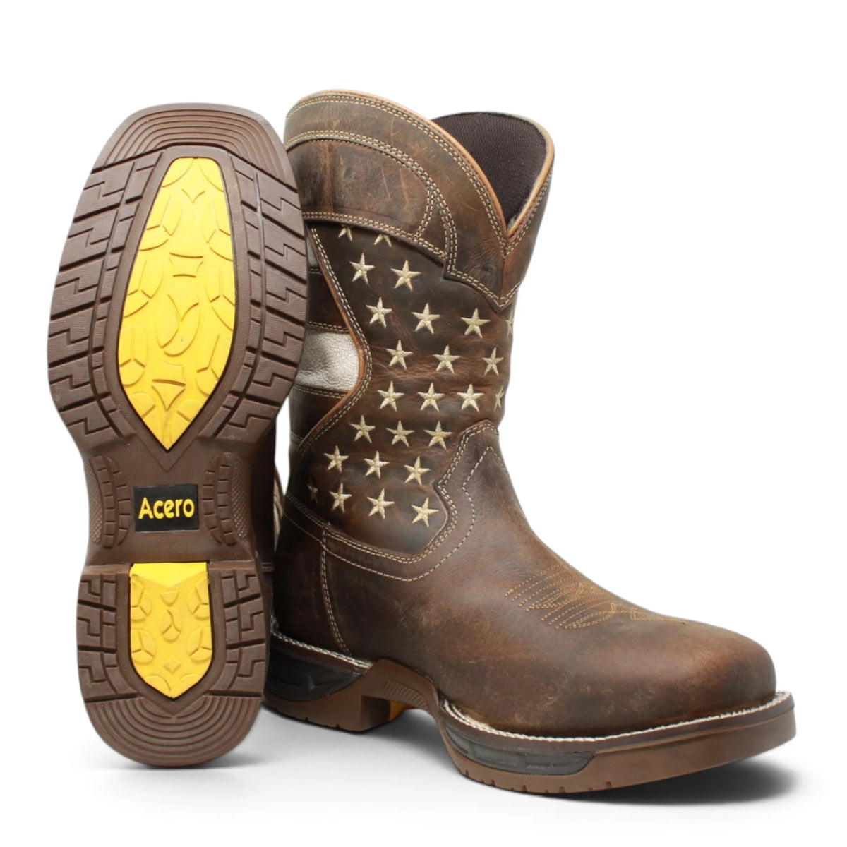 Acero Men´s Genuine Leather Square Toe Brown USA Flag Work Boot - Tan - Side/Sole View