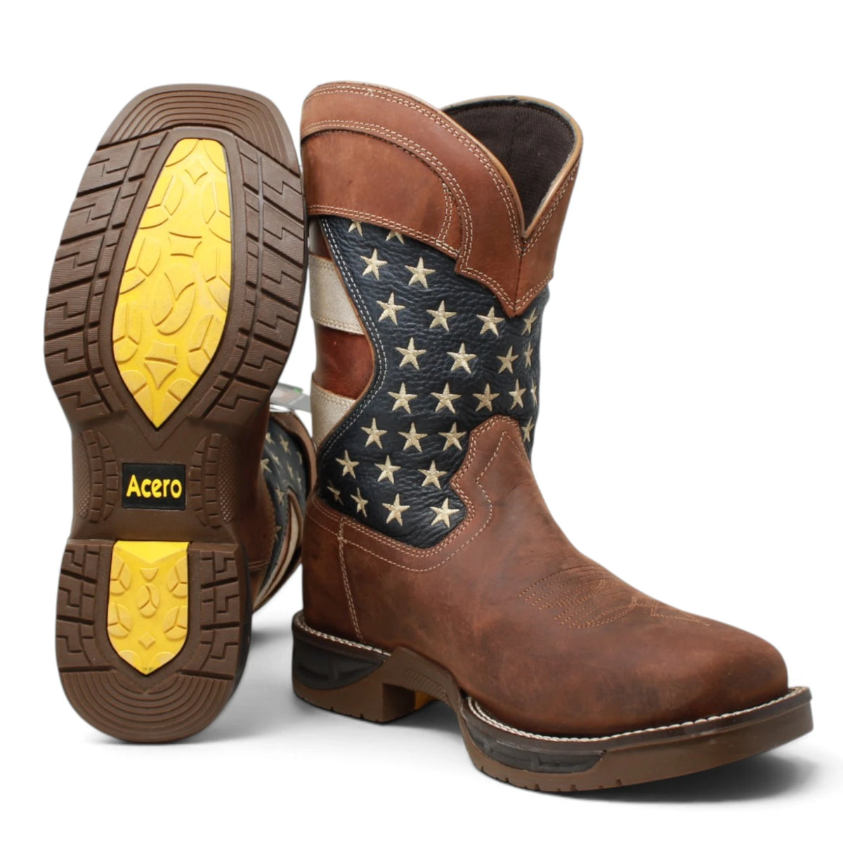 Acero Men´s Genuine Leather Square Toe USA Flag Work Boot - Shedron - Side/Sole View