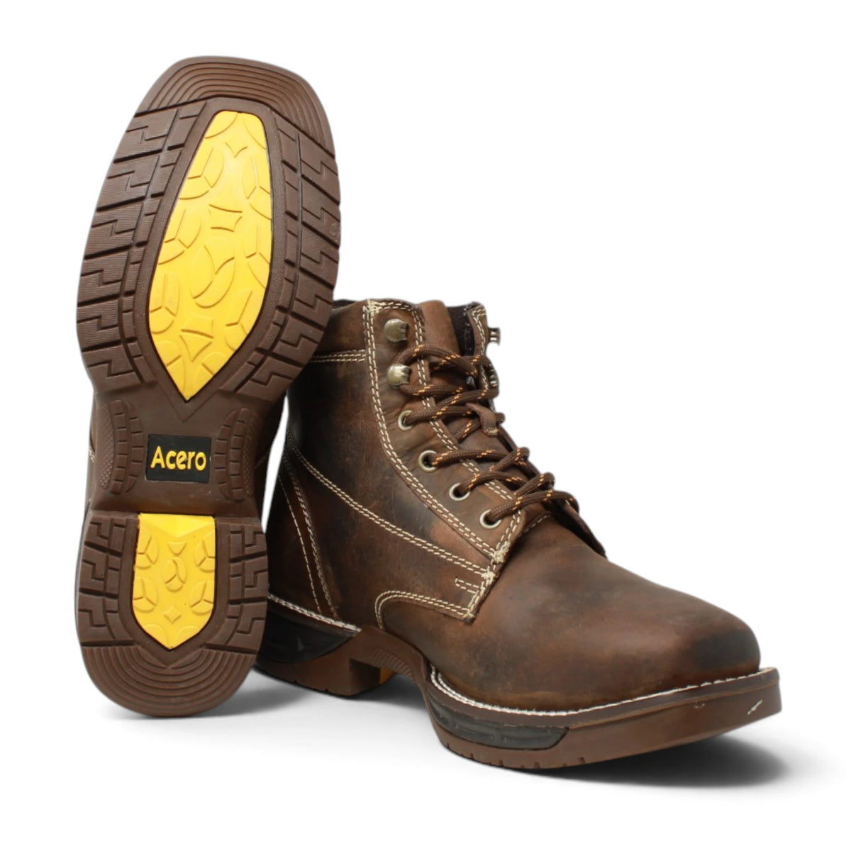Tanner Mark Men´s Genuine Leather Lace-Up Square Toe Acero Work Boot - Red Brown - Side/Sole View