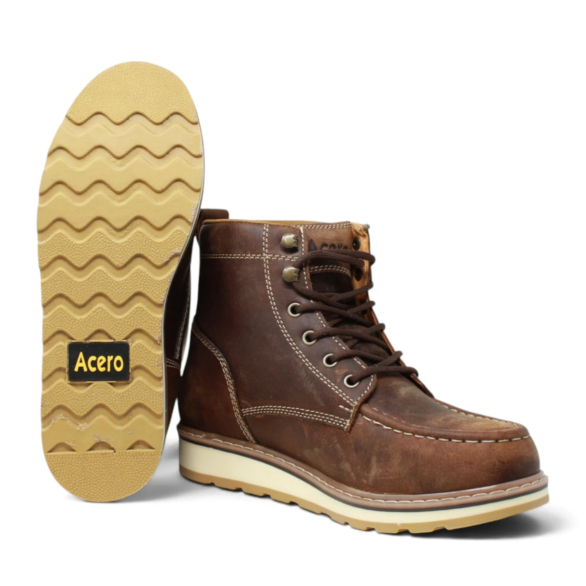 Acero Men´s Genuine Leather Moc Toe with Rhino Sole Work Boot - Horse Tan - Side/Sole View