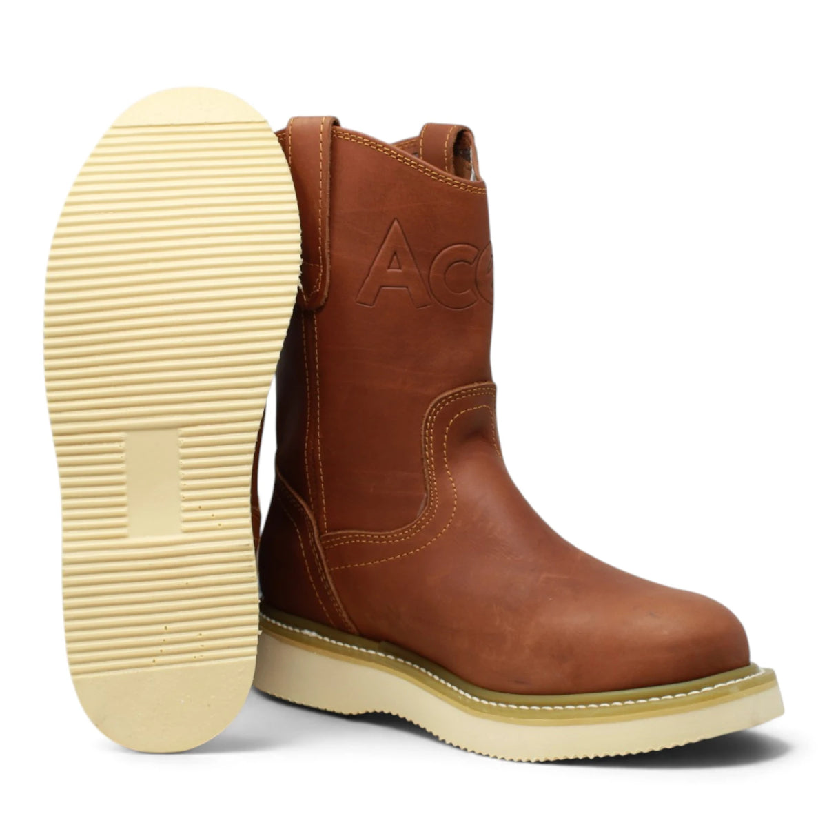 Acero Men´s Genuine Leather Round Roper Toe with Camel Striped Sole Work Boot - Grasso Honey - Side/Sole View