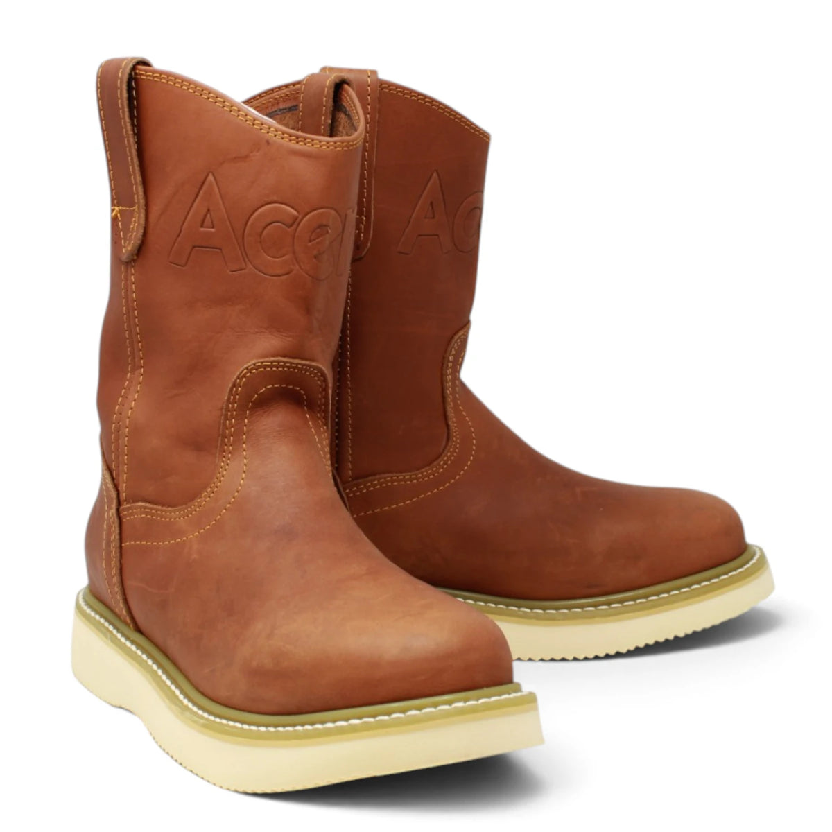 Acero Men´s Genuine Leather Round Roper Toe with Camel Striped Sole Work Boot - Grasso Honey - Pair Side View