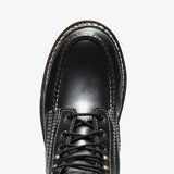 Jet Black leather work boots with 6-inch shaft and moc toe by Bonanza Frontier toe