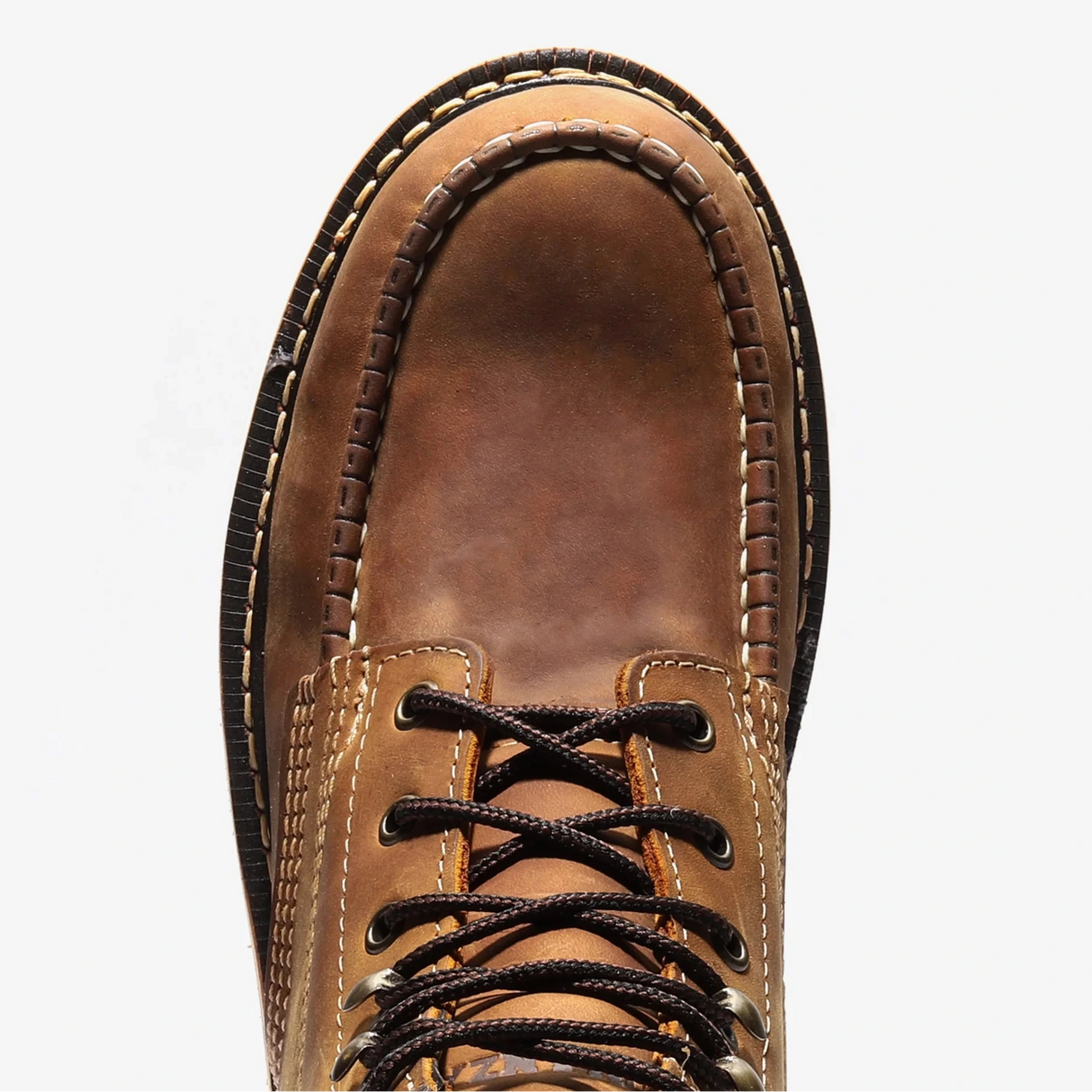 Bonanza 6-inch steel toe work boots with moc toe design and durable leather upper toe view
