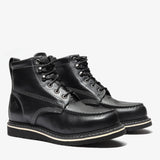 Jet Black Bonanza 6-inch moc toe work boots with durable leather and classic stitching
