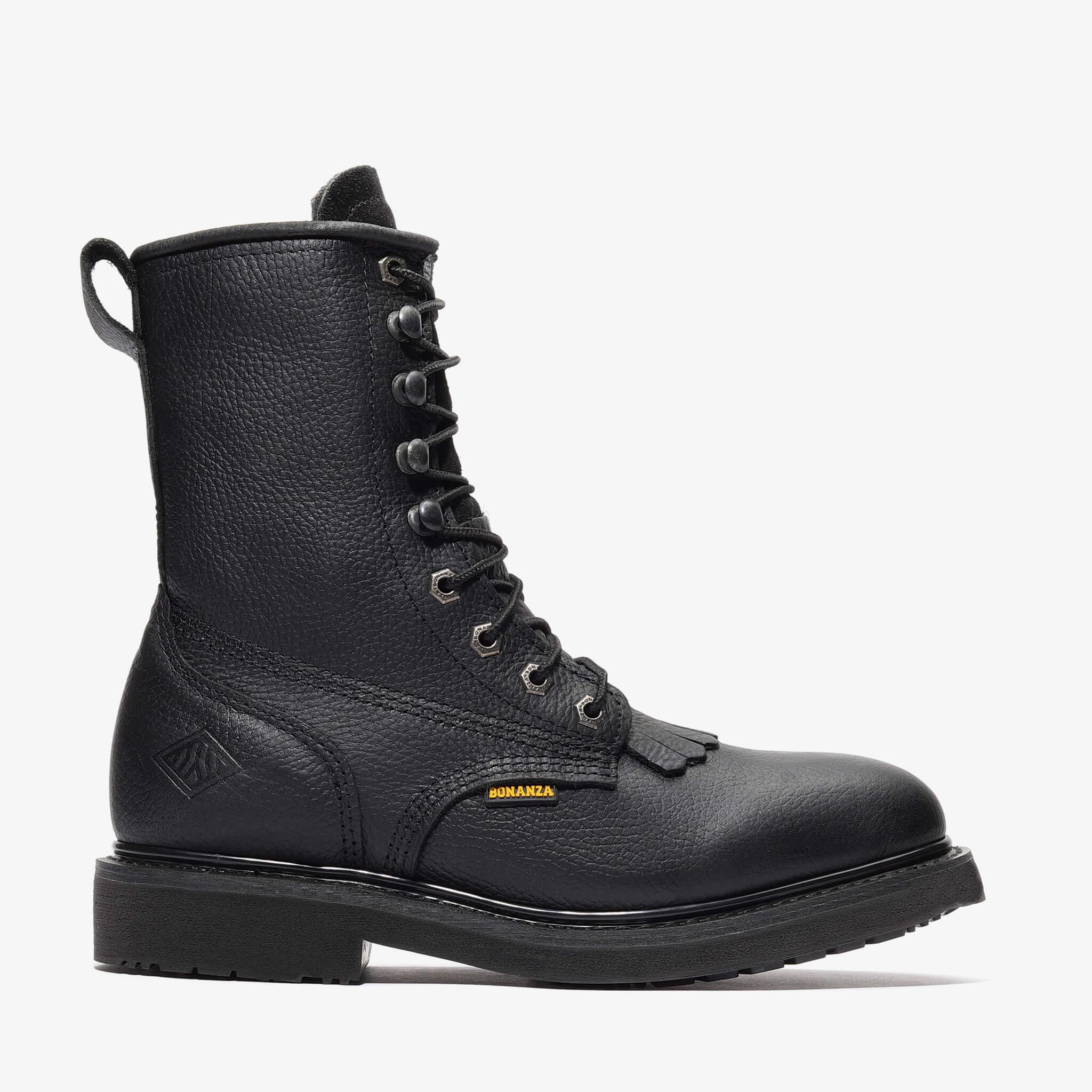 Black Bonanza 8-inch lace-up leather work boots with classic rancher design