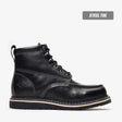 Jet Black Bonanza 6-inch steel toe work boots with moc toe design and durable leather upper