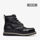 Jet Black Bonanza 6-inch steel toe work boots with moc toe design and durable leather upper