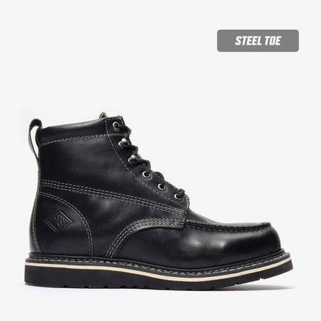 Jet Black Bonanza 6-inch steel toe work boots with moc toe design and durable leather upper