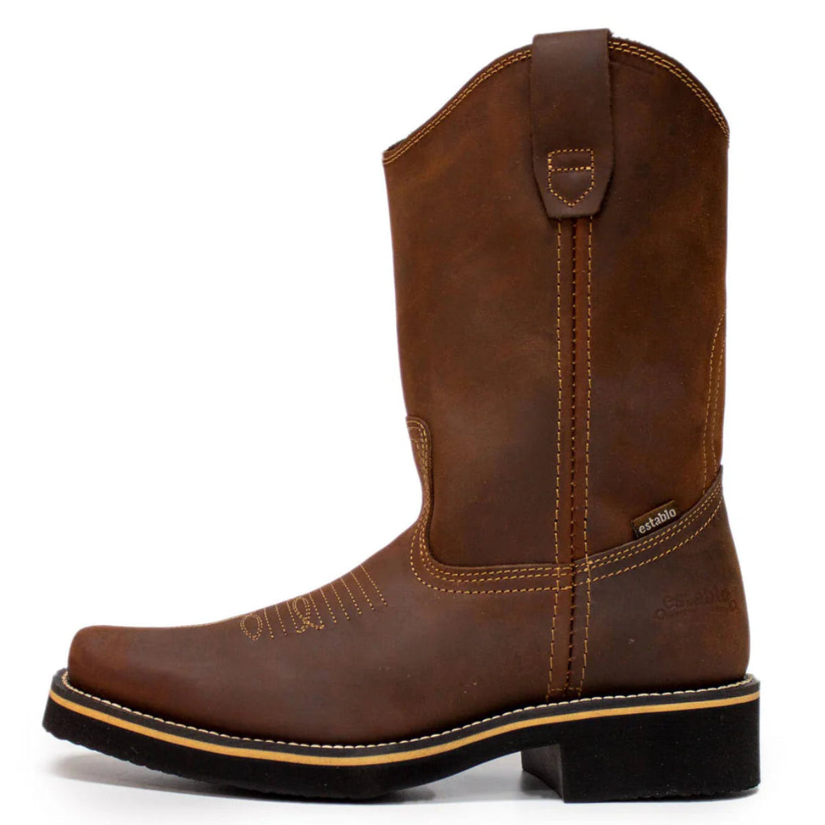 Establo Genuine Leather Pull-On Square Toe Work Boots - Soft Toe (Brown)