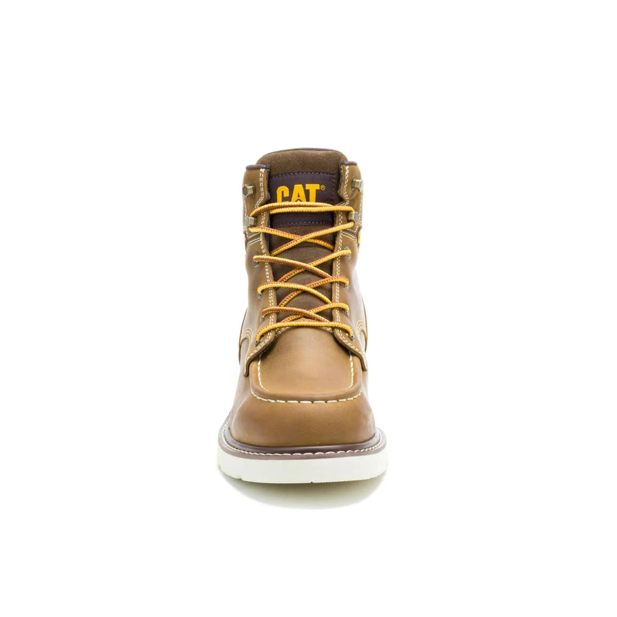 Men's Reclaimer wedge waterproof work boots in pyramid sand color by CAT front view