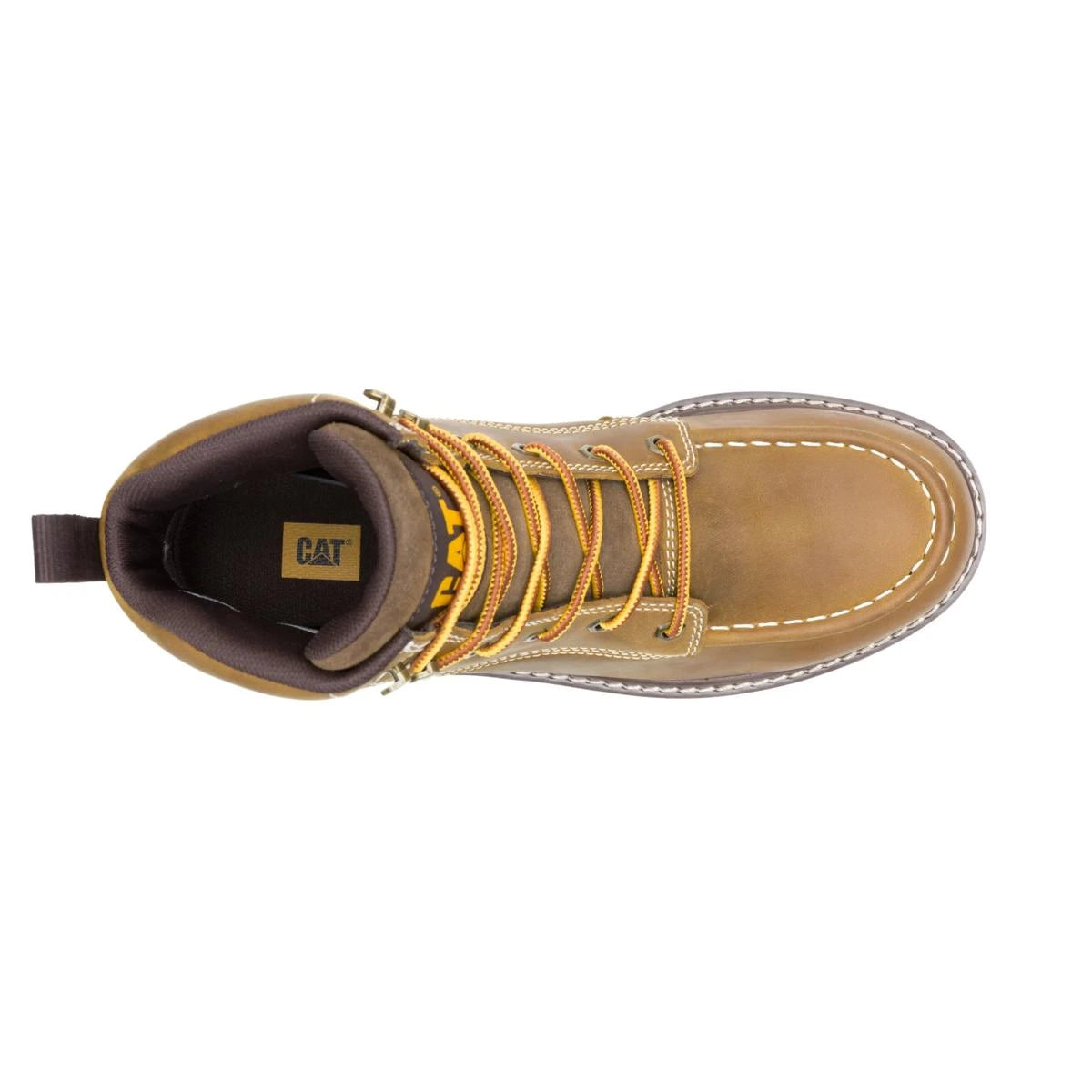 Men's Reclaimer wedge waterproof work boots in pyramid sand color by CAT top view